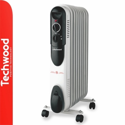 Aquecedor a óleo branco com painel de controlo preto e rodas