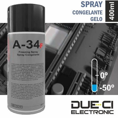 Spray congelante A-34F 400ml em embalagem branca e preta junto a circuito eletrónico e termómetro.