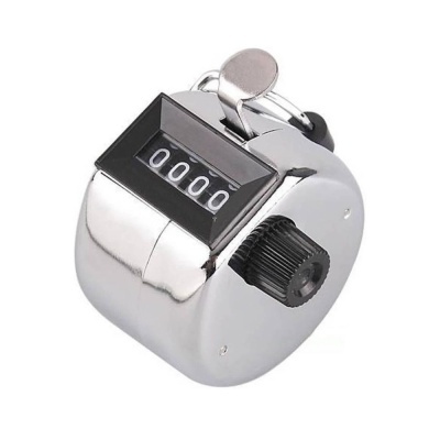 Contador manual metálico prateado com visor negro e números brancos 0000