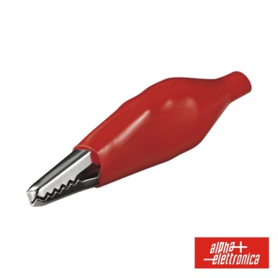 Pinça crocodilo vermelha com ponta metálica e logótipo alpha elettronica