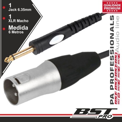 Cabo áudio preto com conector Jack 6.35mm e conector XLR macho, 6 metros