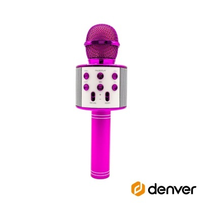 Microfone portátil rosa com altifalante e botões de controlo