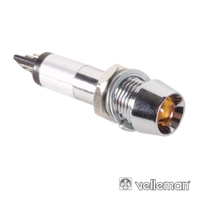 Sensor ou componente eletrónico metálico prateado com lente amarela e rosca