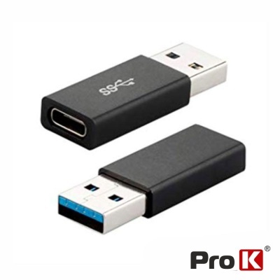 Adaptadores USB preto USB-A e USB-C com símbolo USB e logo Pro K.