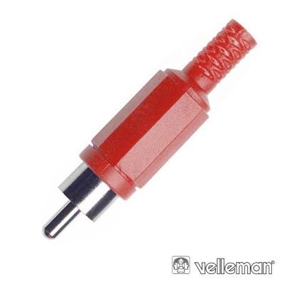 Conector RCA vermelho com detalhe metálico e logotipo Velleman