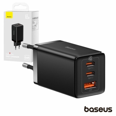 Carregador Baseus GaN2 Pro preto com três portas, duas USB tipo C e uma USB tradicional