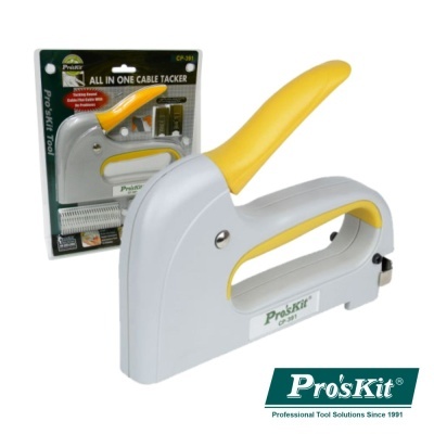 Grampeador de cabos Pro'sKit cinza com amarelo e embalagem