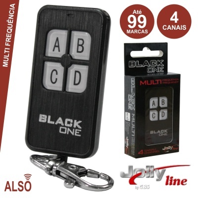 Comando da marca BLACK ONE preto com quatro botões A, B, C, D e embalagem preta com informações do produto.