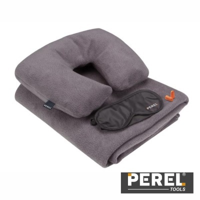 Conjunto de viagem PEREL com almofada de pescoço, máscara, manta e tampões auriculares.