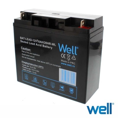 bateria chumbo ácido preta Well selada com texto azul e branco e terminais metálicos