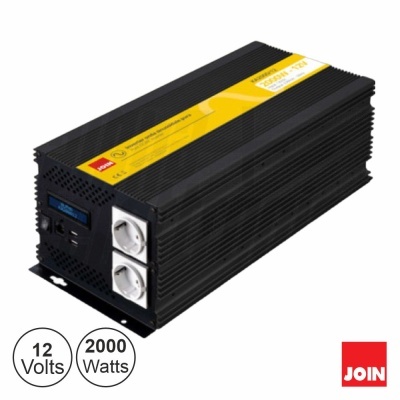 Inversor elétrico preto com tomadas brancas e rótulo amarelo