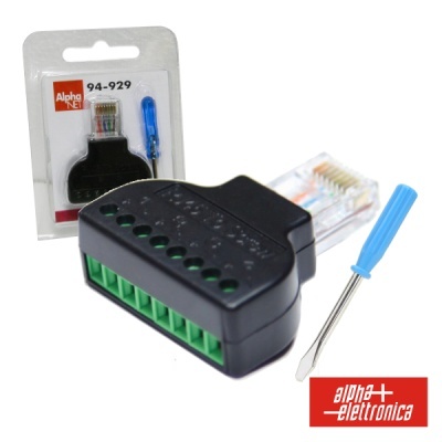 Adaptador de ficha RJ45 preto com entradas verdes e mini chave de fendas azul Alpha Elettronica