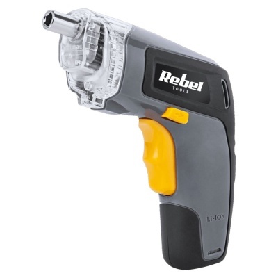Parafusadeira elétrica Rebel TOOLS preta, cinza e amarela com punho ergonômico e peça frontal transparente