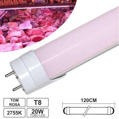 Tubo LED T8 rosa 120 cm 20W 2755K junto a carne em exposição