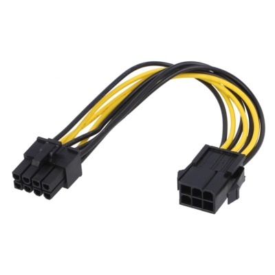 Cabo adaptador de energia preto e amarelo com conectores de 6 e 8 pinos