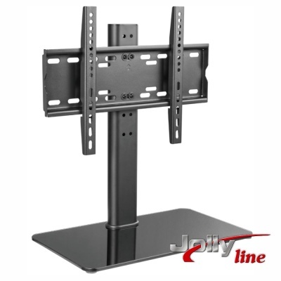 Suporte preto para monitor ou televisão com base em vidro preto e marca Jelly line