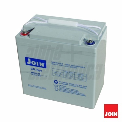 Bateria GEL Type marca JOIN cinza com terminais vermelho e azul e alça branca