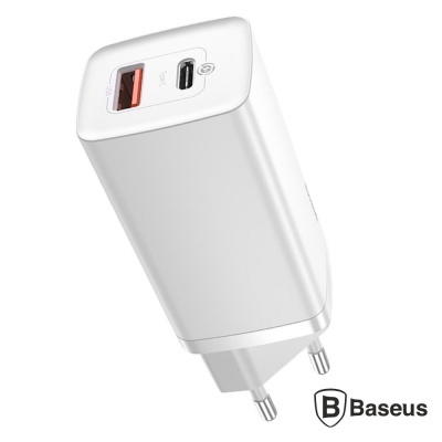 Carregador de parede Baseus branco com portas USB-A e USB-C