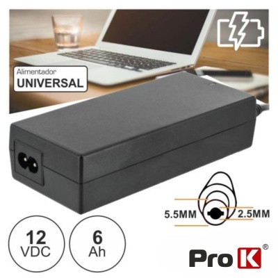 Alimentador universal Pro K preto com especificações 12 VDC, 6 Ah e conector de 5.5mm x 2.5mm