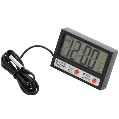 Relógio digital preto com ecrã LCD mostrando horas e temperatura com sensor externo
