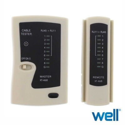 Conjunto testador de cabos RJ45 e RJ11 bege com etiquetas pretas e indicadores numéricos.