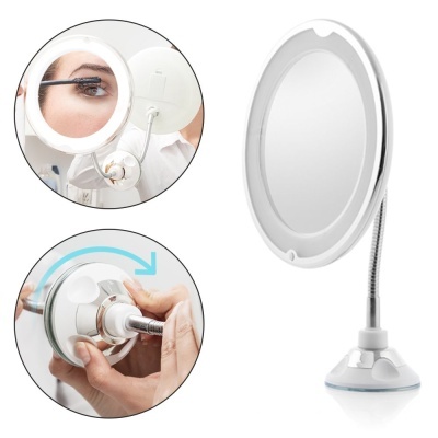 Espelho redondo com luz LED e ventosa em branco