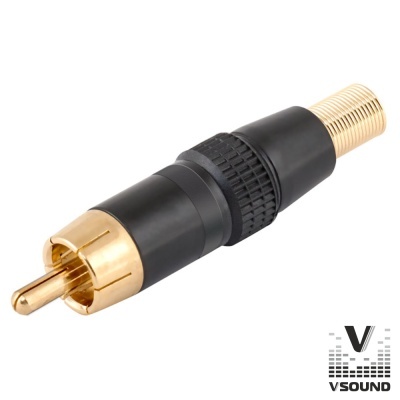 Conector RCA dourado e preto com textura, fundo branco e logótipo VSOUND