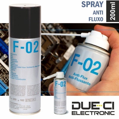Spray anti-fluxo F-02 200ml DUE-CI ELECTRONIC com rótulo azul e prata