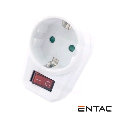 Tomada elétrica branca com interruptor vermelho e marca ENTAC