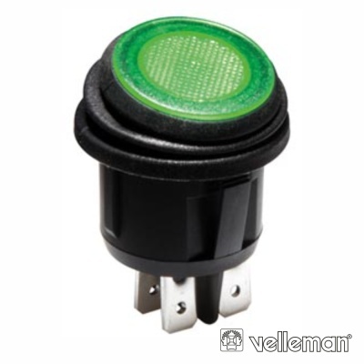 Botão elétrico redondo verde com estrutura preta e três conectores metálicos