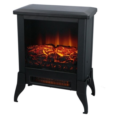 Lareira elétrica preta com chamas e troncos simulados