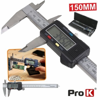 Paquímetro digital Pro K 150MM em aço inoxidável com ecrã LCD e embalagem preta