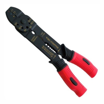 Ferramenta preta com pegadas em borracha vermelha para corte e desencapar fios