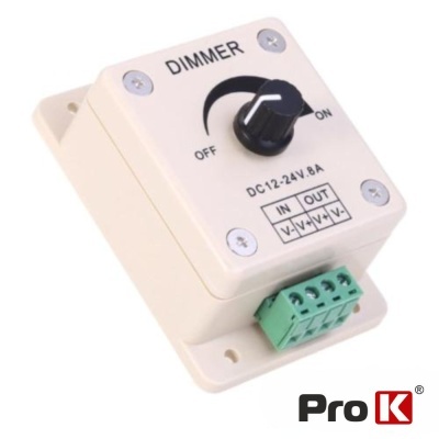 Dimmer elétrico branco com botão preto e terminais verdes, com texto e logo Pro K