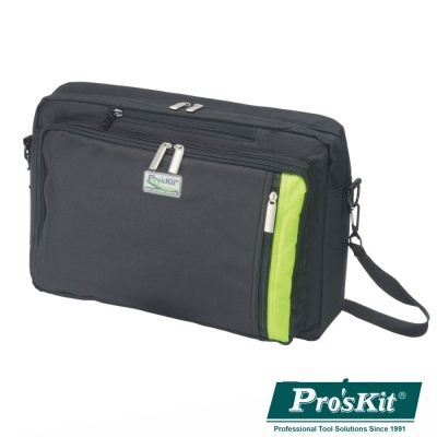 Bolsa de transporte preta com detalhes verdes e etiquetas Pro'sKit