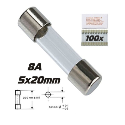 Fusível de vidro 8A 5x20mm com embalagem e desenho técnico
