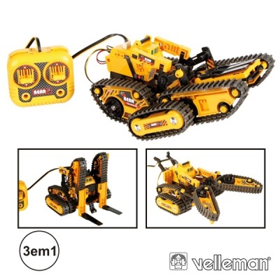 Brinquedo de construção amarelo com controlo remoto e embalagem branca