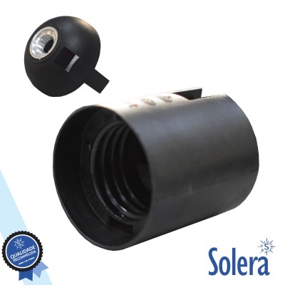 Peça preta cilíndrica com rosca e lente destacada, logotipo Solera e selo de qualidade
