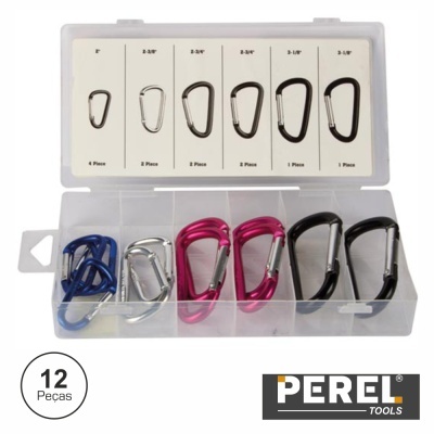 Conjunto de 12 mosquetões em diferentes cores numa caixa plástica transparente com o logótipo PEREL TOOLS.