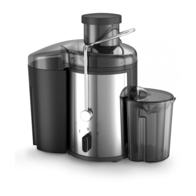 Máquina de sumos em aço inox e plástico preto e cinza com depósito para sumo ao lado