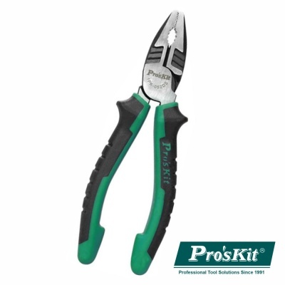 Alicate Pro'sKit com punhos verdes e pretos, lâminas metálicas e logótipo da marca.