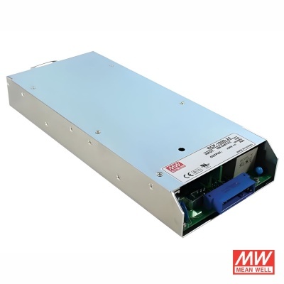 Fonte de alimentação metálica retangular azul e prateada MEAN WELL