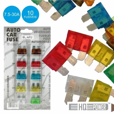 Pacote de 10 fusíveis automóveis coloridos com texto AUTO CAR FUSE e especificações