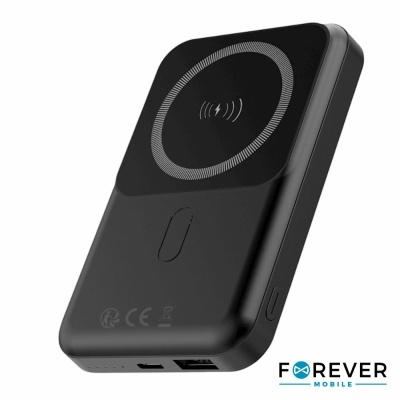 Carregador wireless portátil preto com detalhe circular e botão lateral