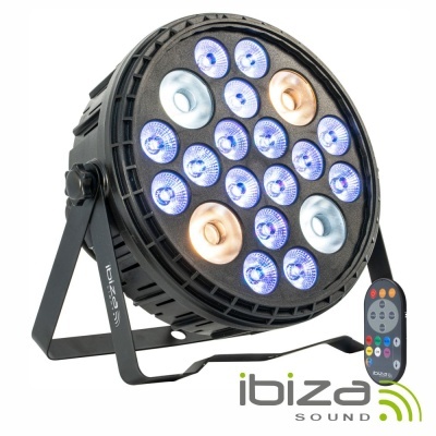 Projetor de luz LED circular preto com telecomando e logo Ibiza Sound