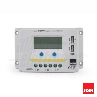 Regulador de carga solar branco com ecrã, botões azuis, portas USB e texto