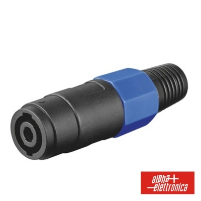 Conector áudio Speakon preto e azul com logótipo Alpha Elettronica