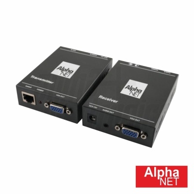 Dispositivos eletrónicos Alpha Net Transmitter e Receiver pretos com conexões VGA e áudio