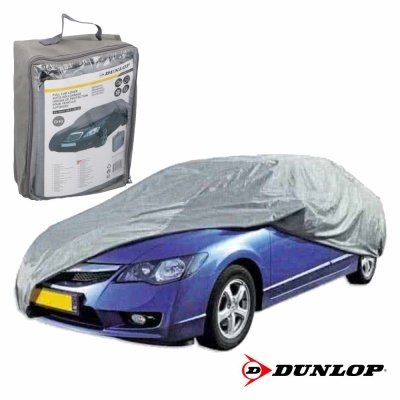 Capa cinzenta para carro parcialmente cobrindo carro azul, embalagem e logo DUNLOP