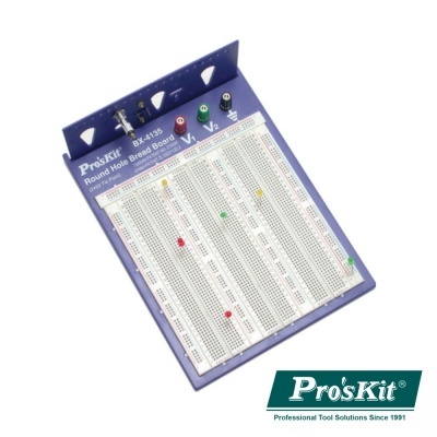 Placa de prototipagem eletrónica Pro'sKit BK-4158 com LEDs e terminais coloridos numa base azul